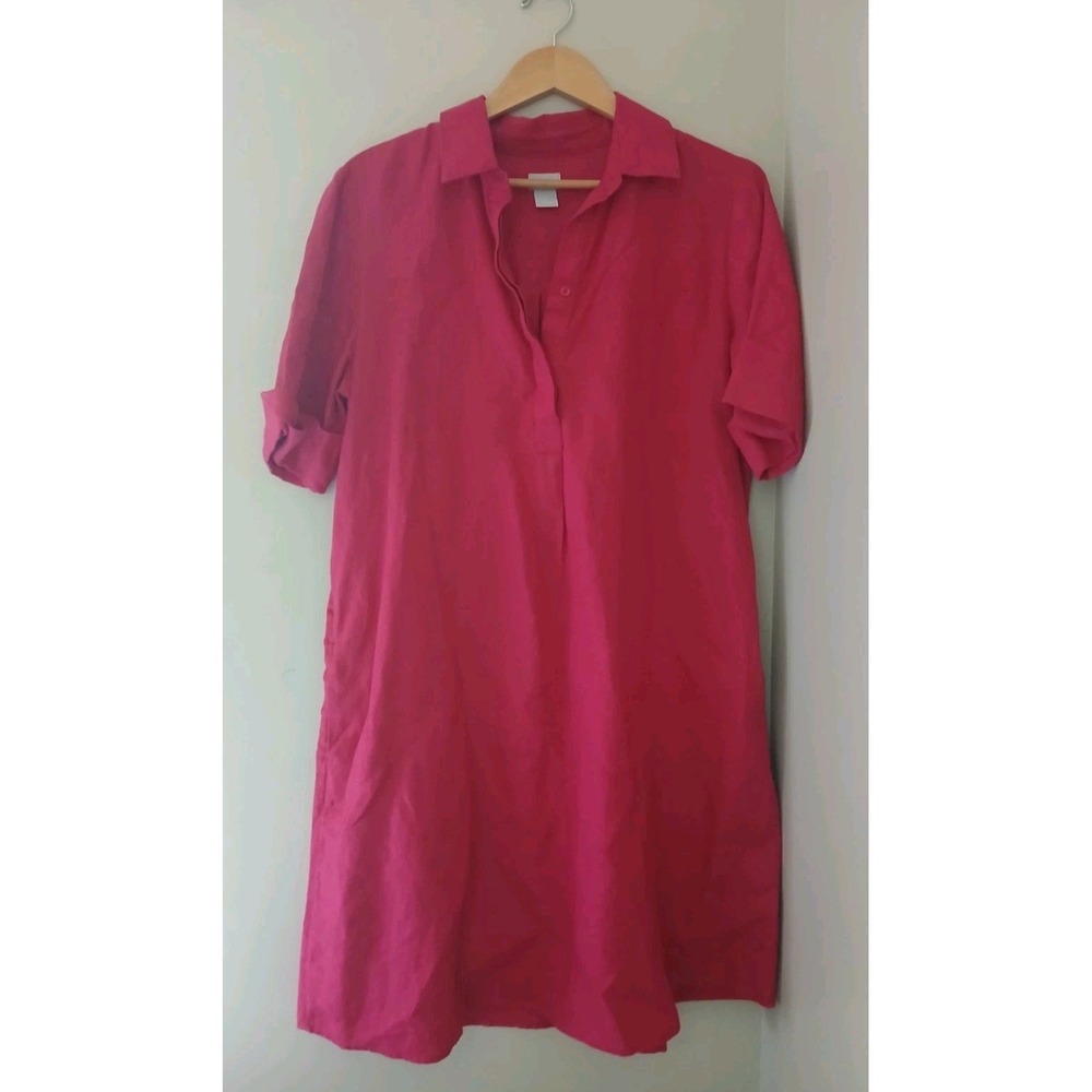 Chicos 100% Linen Popover Kaftan Dress Size 2 12 A Line Pockets Midi Lagenlook
